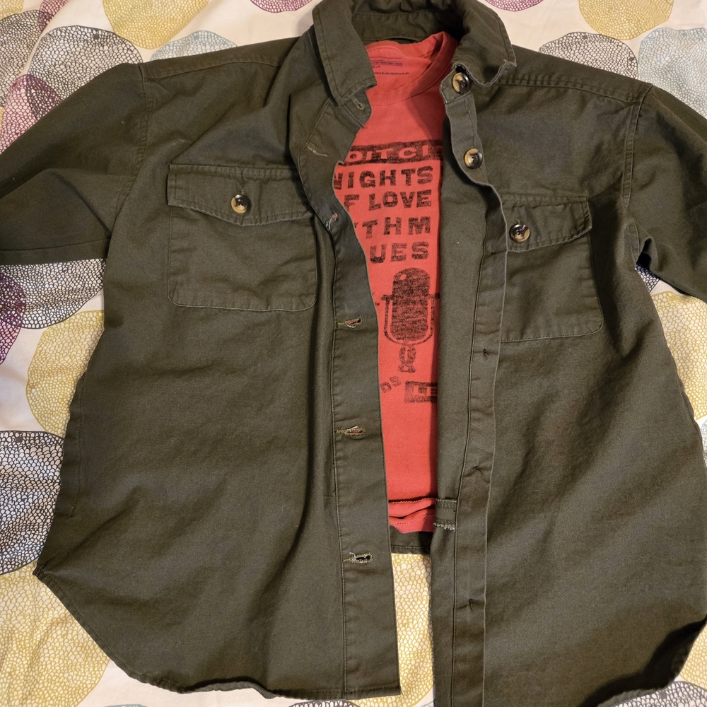 Warehouse Olive Green Shirt (Red Tee For Styling Only)